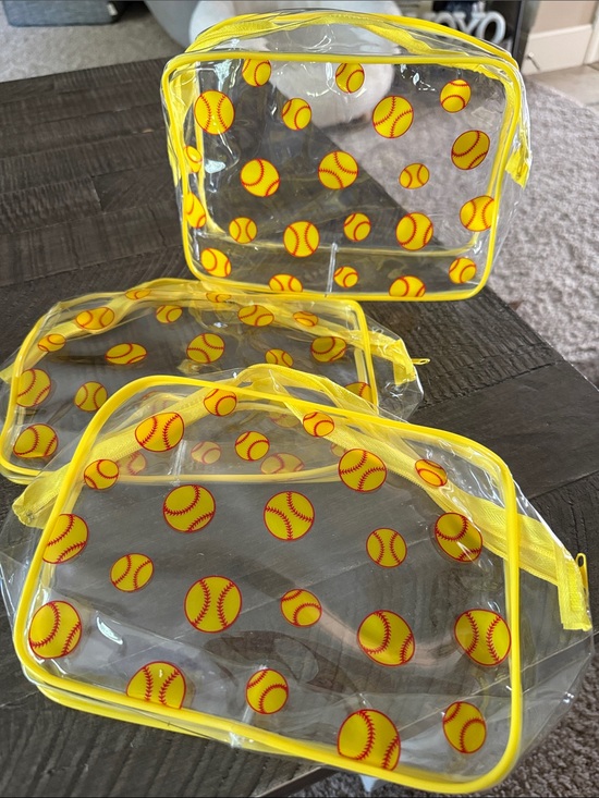 Handbags - Clear Cosmetic Travel Pouch Set of 3 - Yellow Softball Print - New!!